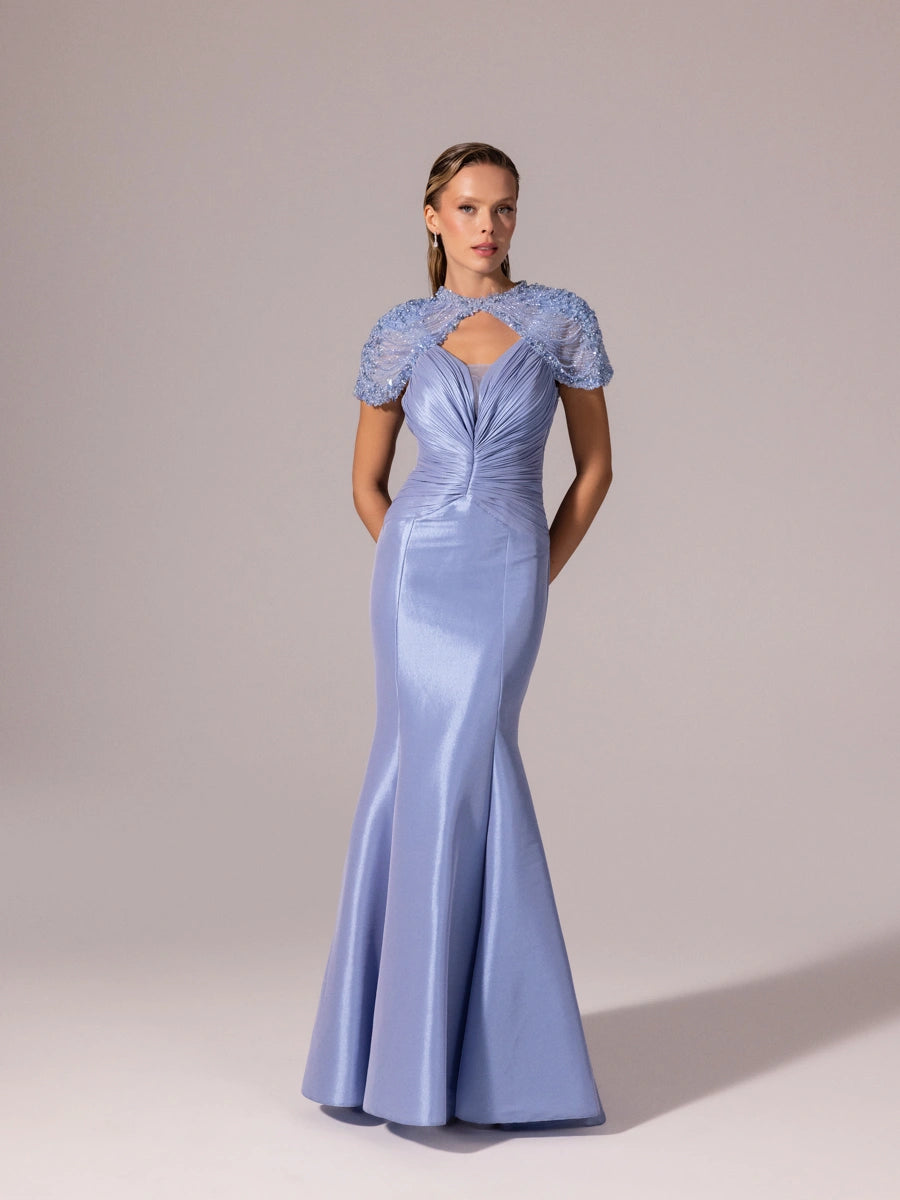 A25056-İşleme Omuz Detaylı Balık Abiye Elbise