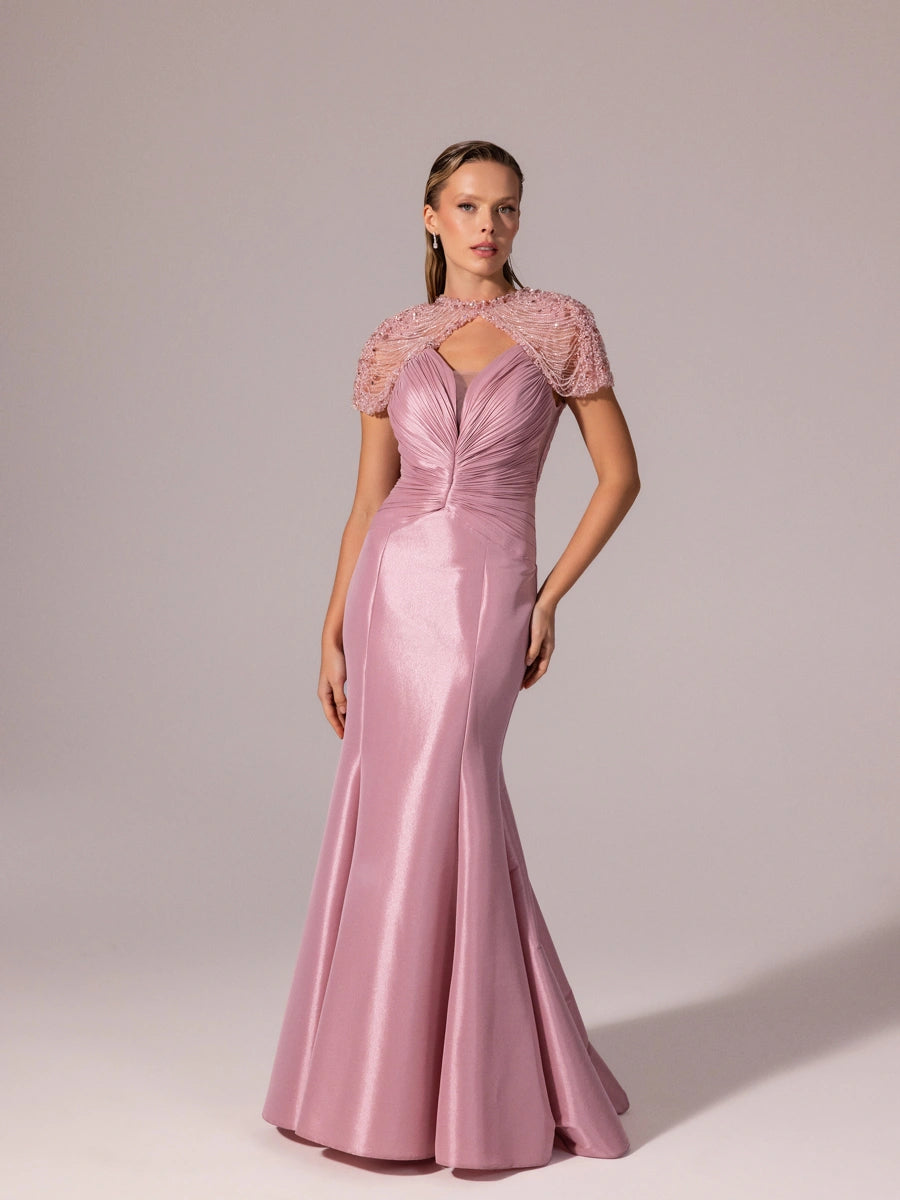 A25056-İşleme Omuz Detaylı Balık Abiye Elbise