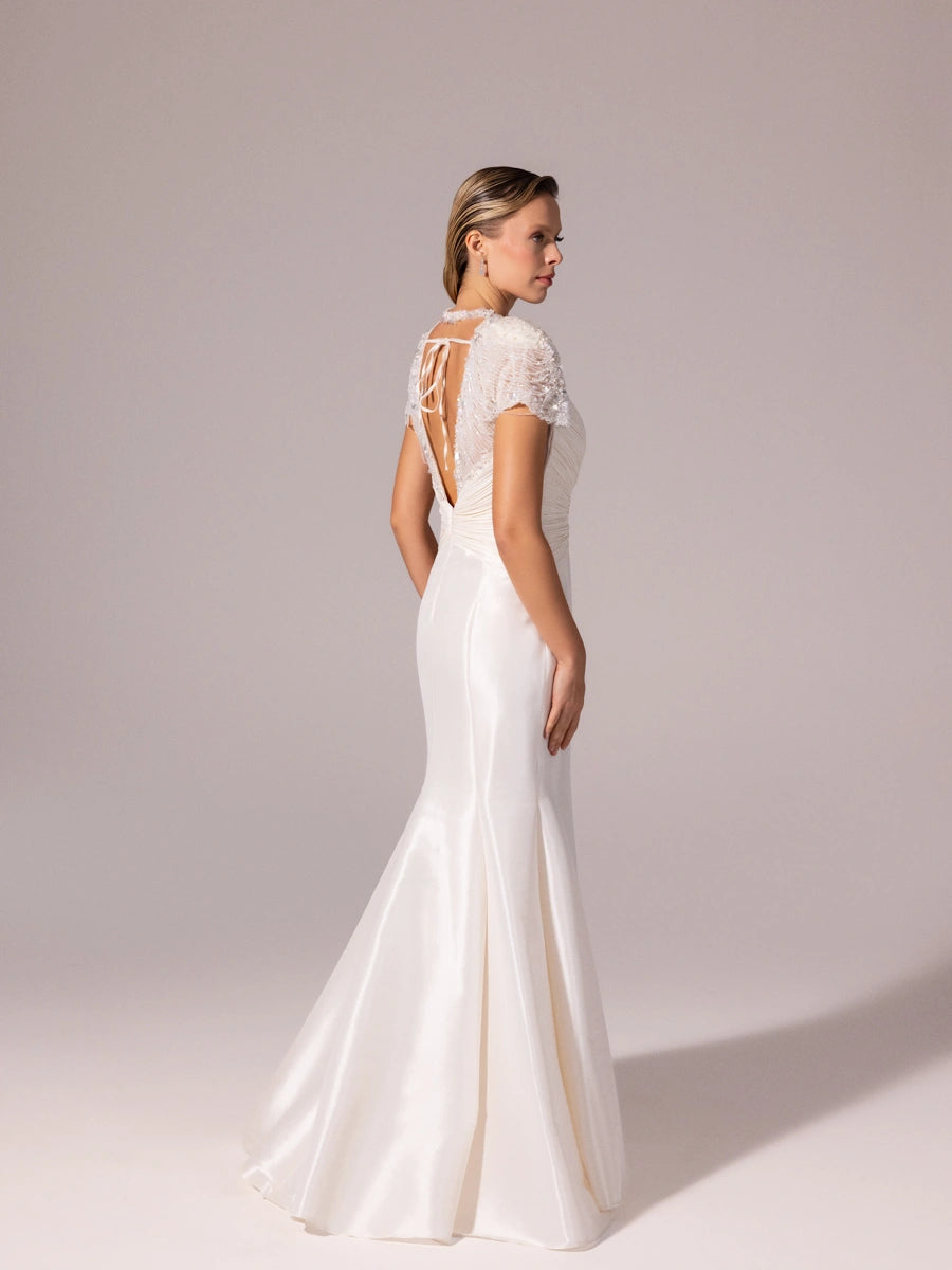 A25056-İşleme Omuz Detaylı Balık Abiye Elbise