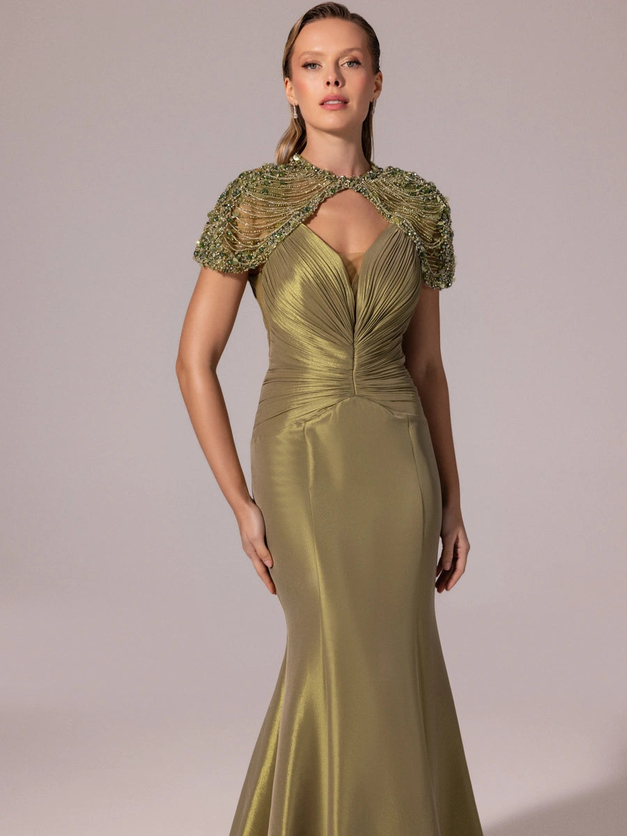 A25056-İşleme Omuz Detaylı Balık Abiye Elbise