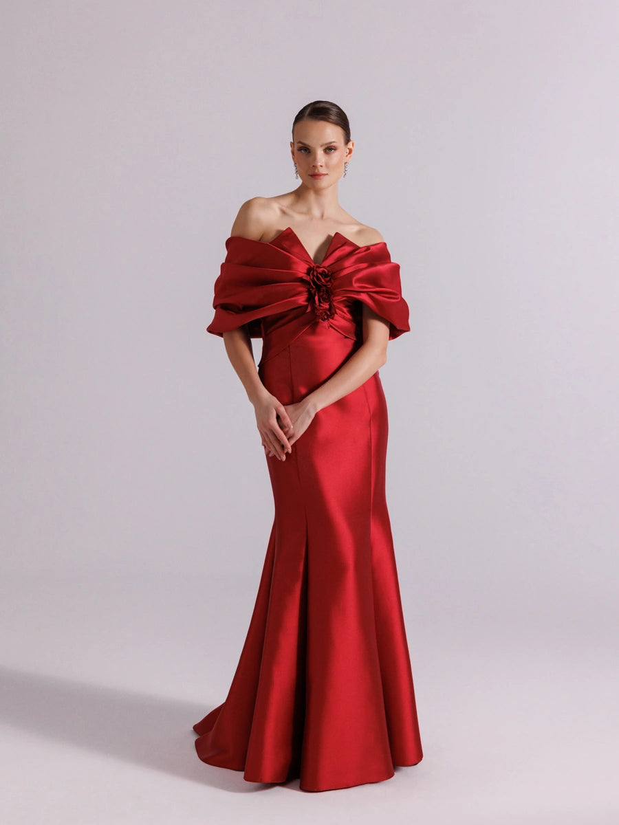 A25064-Straplez Şal Kol Drapeli Balık Abiye Elbise