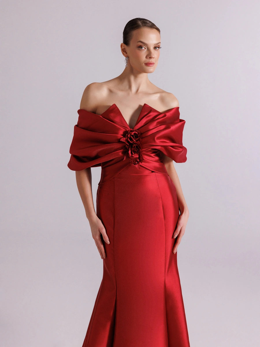 A25064-Straplez Şal Kol Drapeli Balık Abiye Elbise