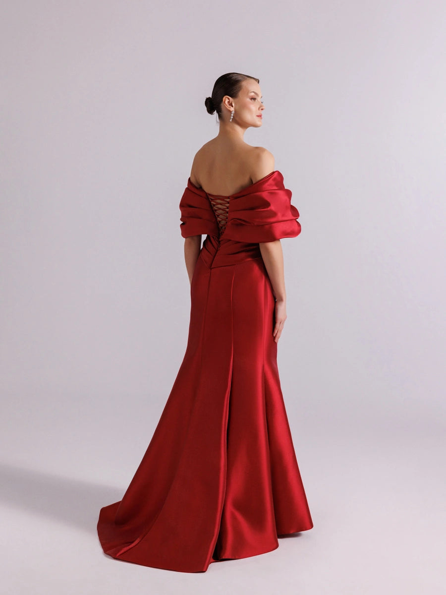 A25064-Straplez Şal Kol Drapeli Balık Abiye Elbise