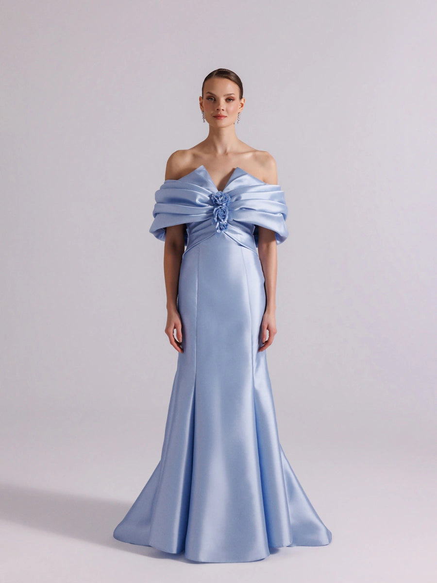 A25064-Straplez Şal Kol Drapeli Balık Abiye Elbise