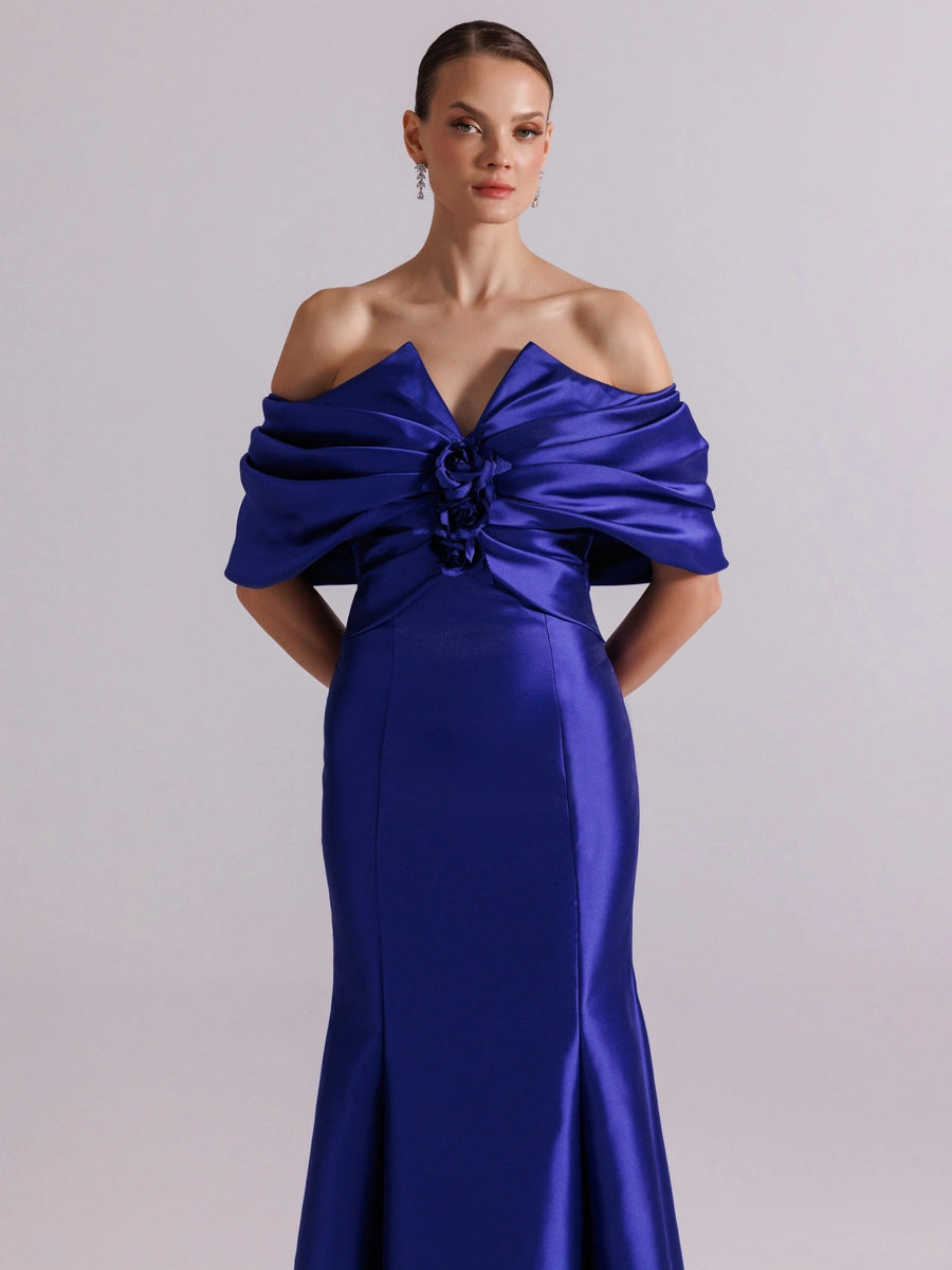 A25064-Straplez Şal Kol Drapeli Balık Abiye Elbise