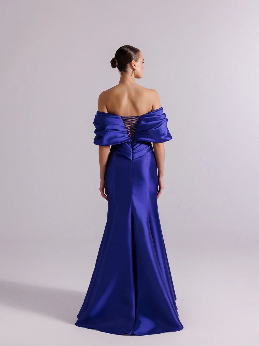 A25064-Straplez Şal Kol Drapeli Balık Abiye Elbise