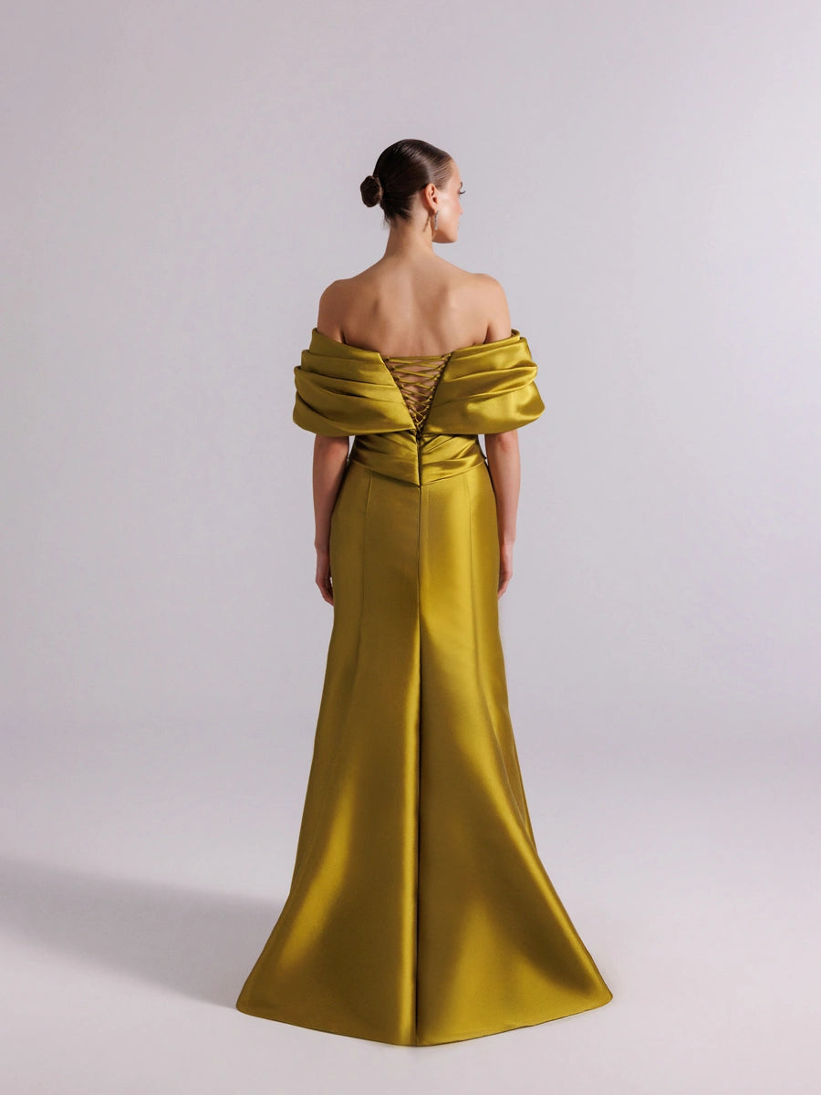 A25064-Straplez Şal Kol Drapeli Balık Abiye Elbise