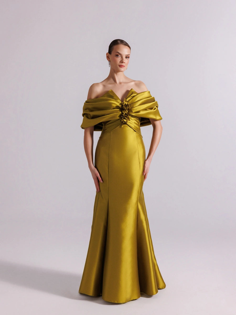 A25064-Straplez Şal Kol Drapeli Balık Abiye Elbise