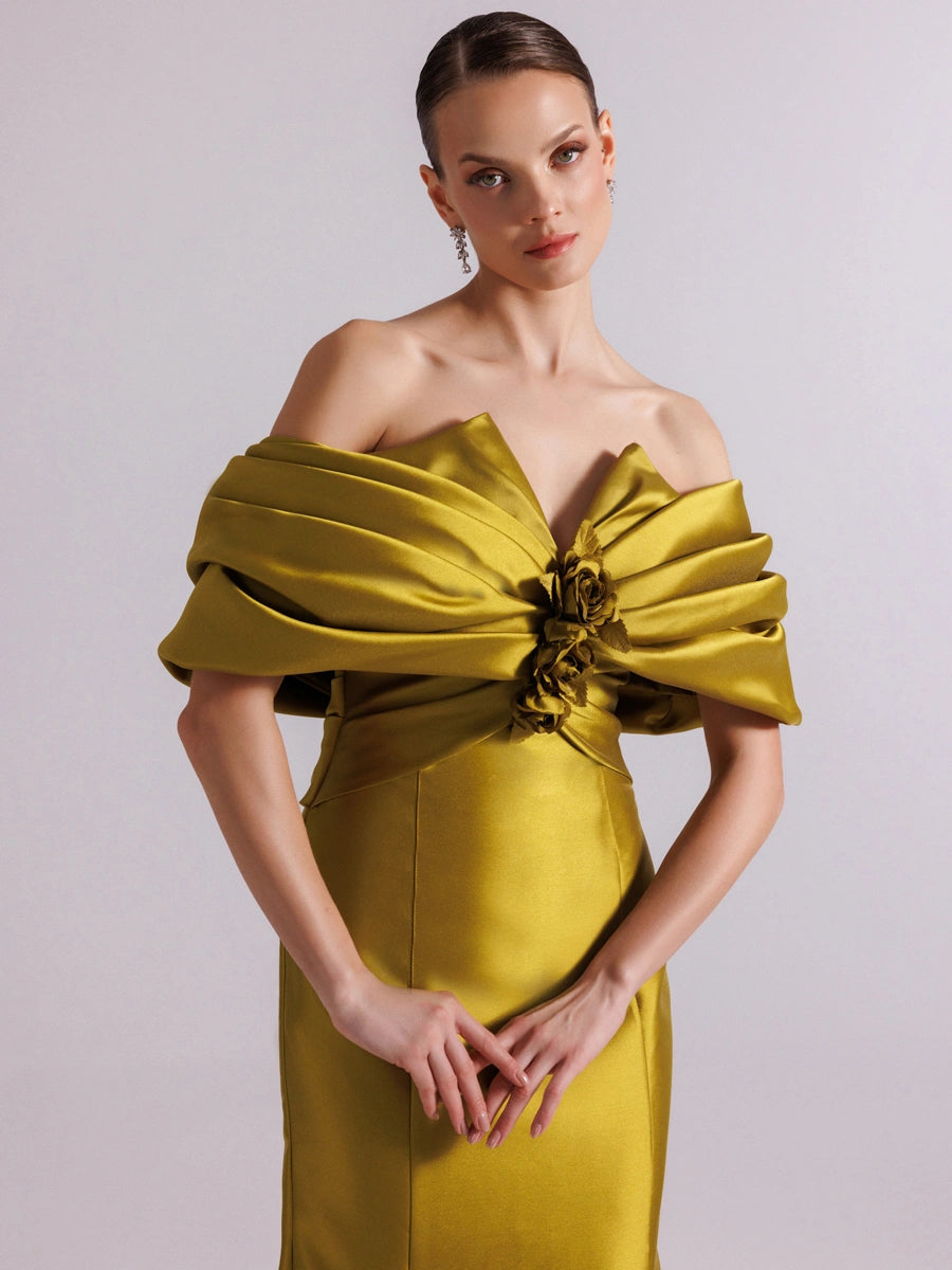 A25064-Straplez Şal Kol Drapeli Balık Abiye Elbise