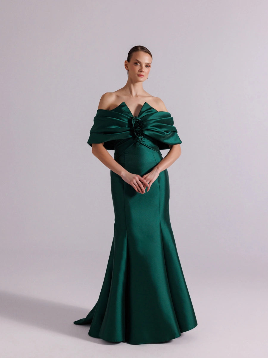 A25064-Straplez Şal Kol Drapeli Balık Abiye Elbise