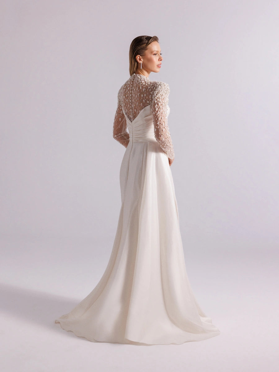 A25067-Straplez Görünümlü Tüm Dekoltesi Taş Detaylı Yırtmaçlı Elbise