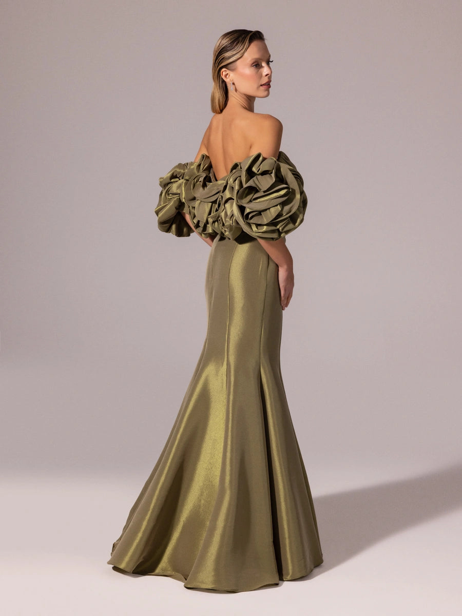 A25068-Straplez Drapeli Balon Kollu Uzun Abiye Elbise