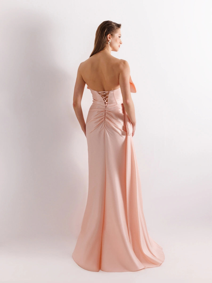 A25070-Straplez Beli Taş Detaylı Yırtmaçlı Balık Abiye Elbise