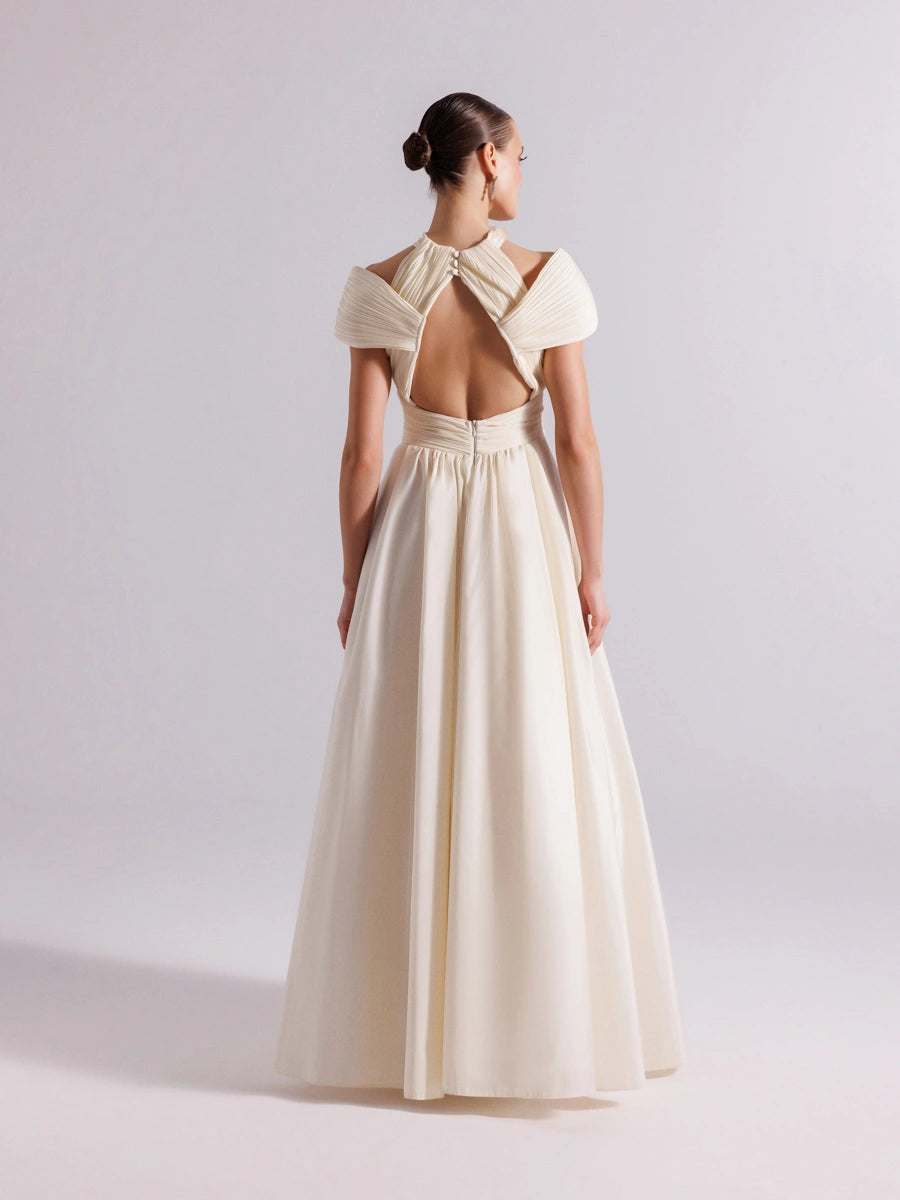 A25078-Göğüs Dekoltesi Taşlı Pliseli Kabarık Abiye Elbise