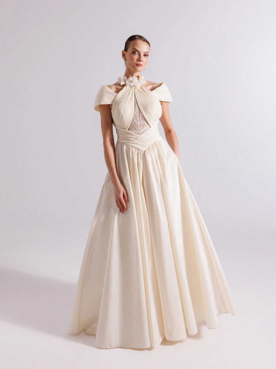 A25078-Göğüs Dekoltesi Taşlı Pliseli Kabarık Abiye Elbise