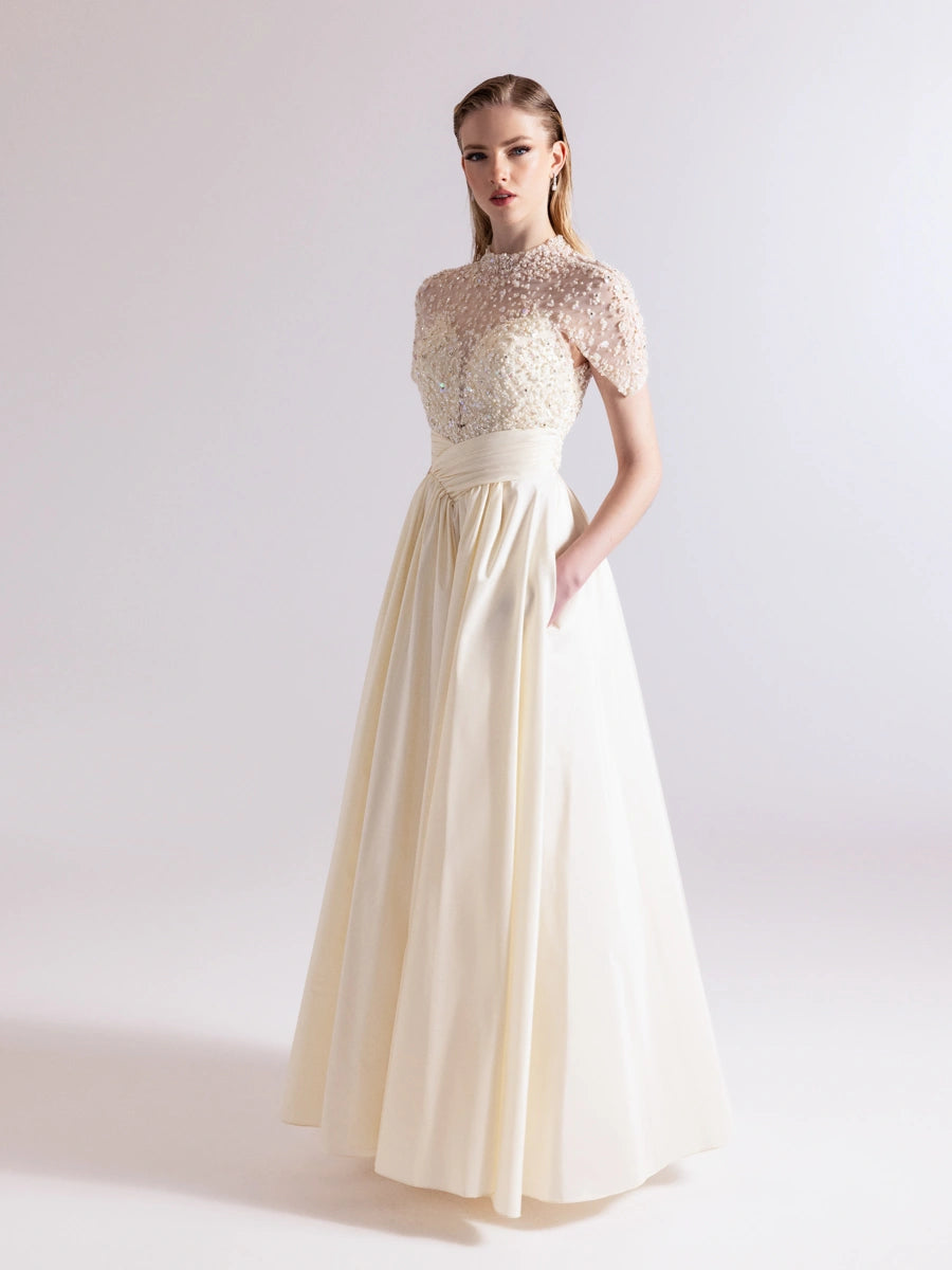 A25084-Üst Kısım Taş Detaylı Kırmalı Kabarık Abiye Ebise