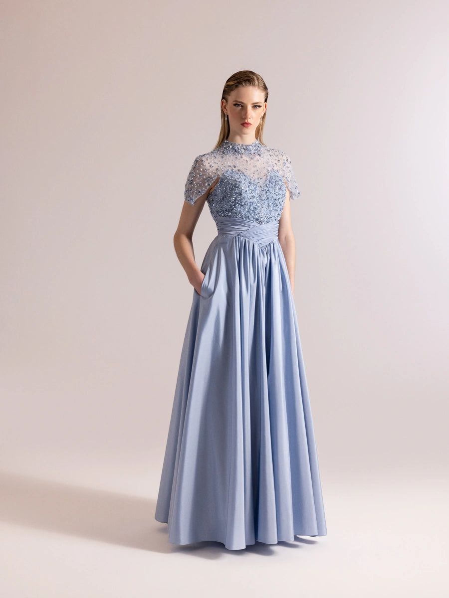 A25084-Üst Kısım Taş Detaylı Kırmalı Kabarık Abiye Ebise