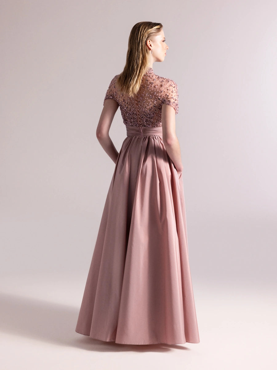 A25084-Üst Kısım Taş Detaylı Kırmalı Kabarık Abiye Ebise