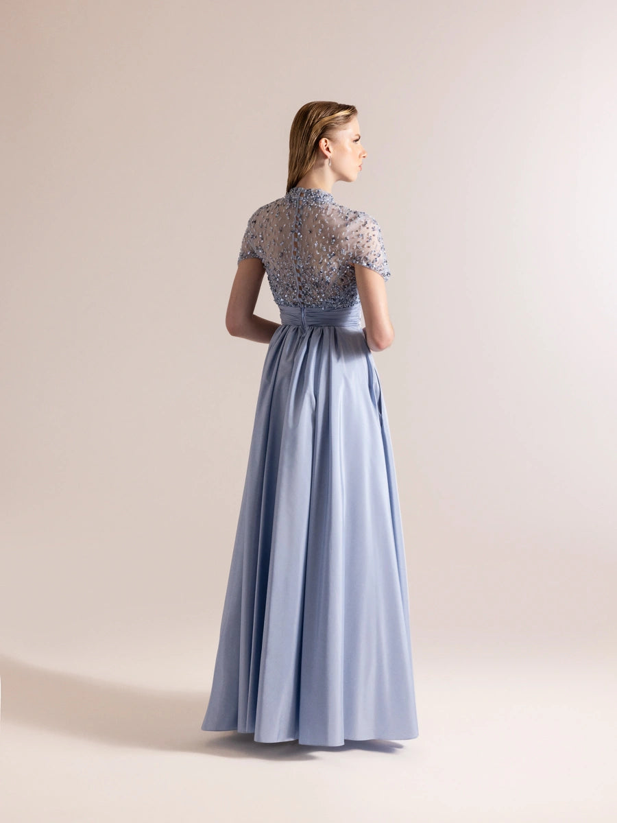 A25084-Üst Kısım Taş Detaylı Kırmalı Kabarık Abiye Ebise