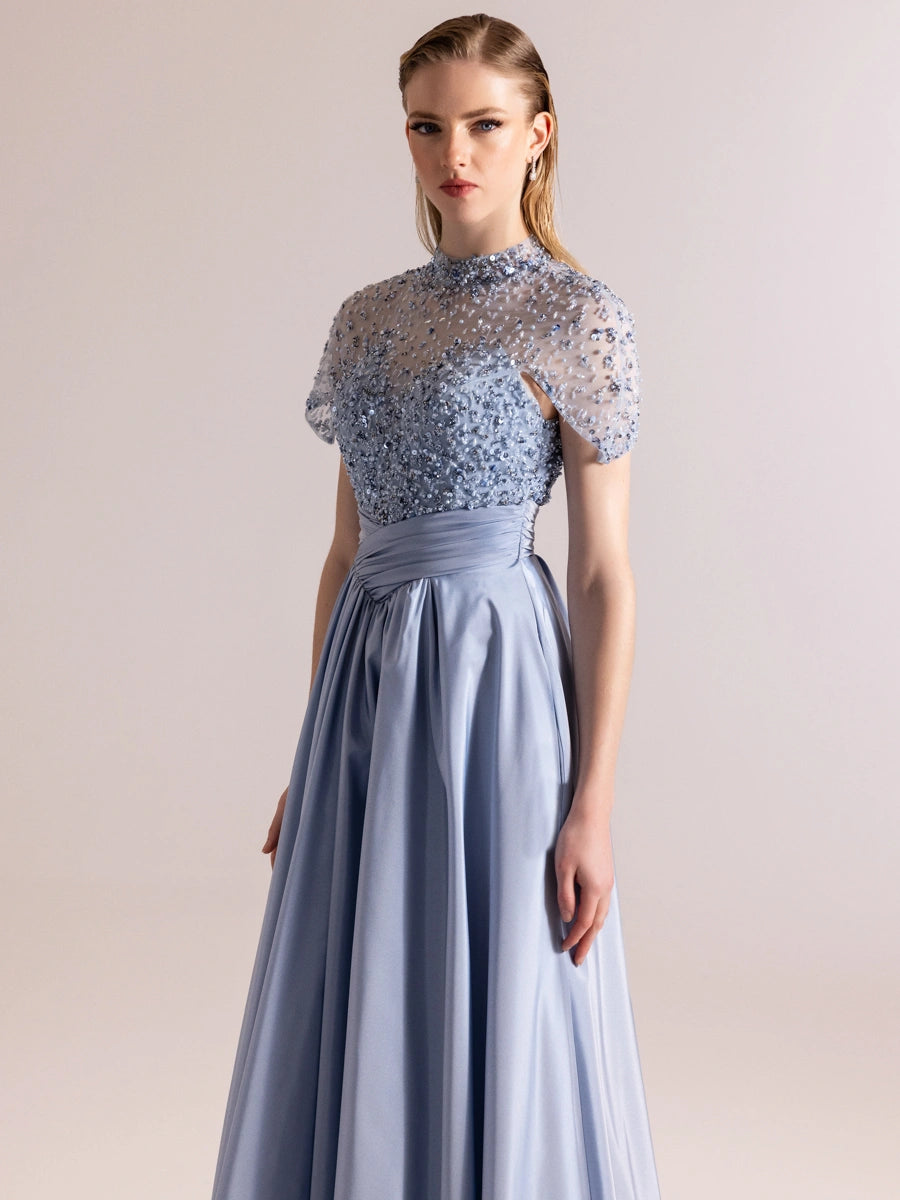 A25084-Üst Kısım Taş Detaylı Kırmalı Kabarık Abiye Ebise