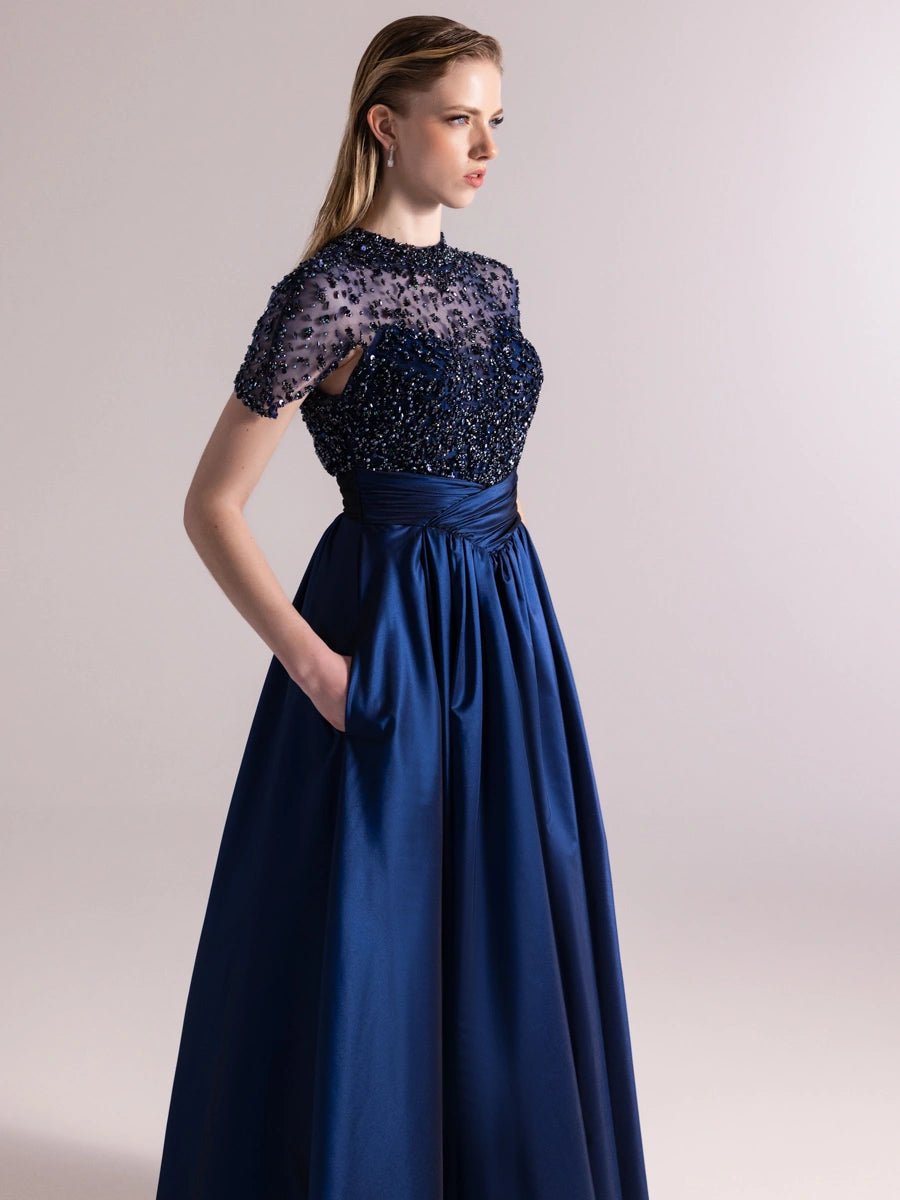 A25084-Üst Kısım Taş Detaylı Kırmalı Kabarık Abiye Ebise