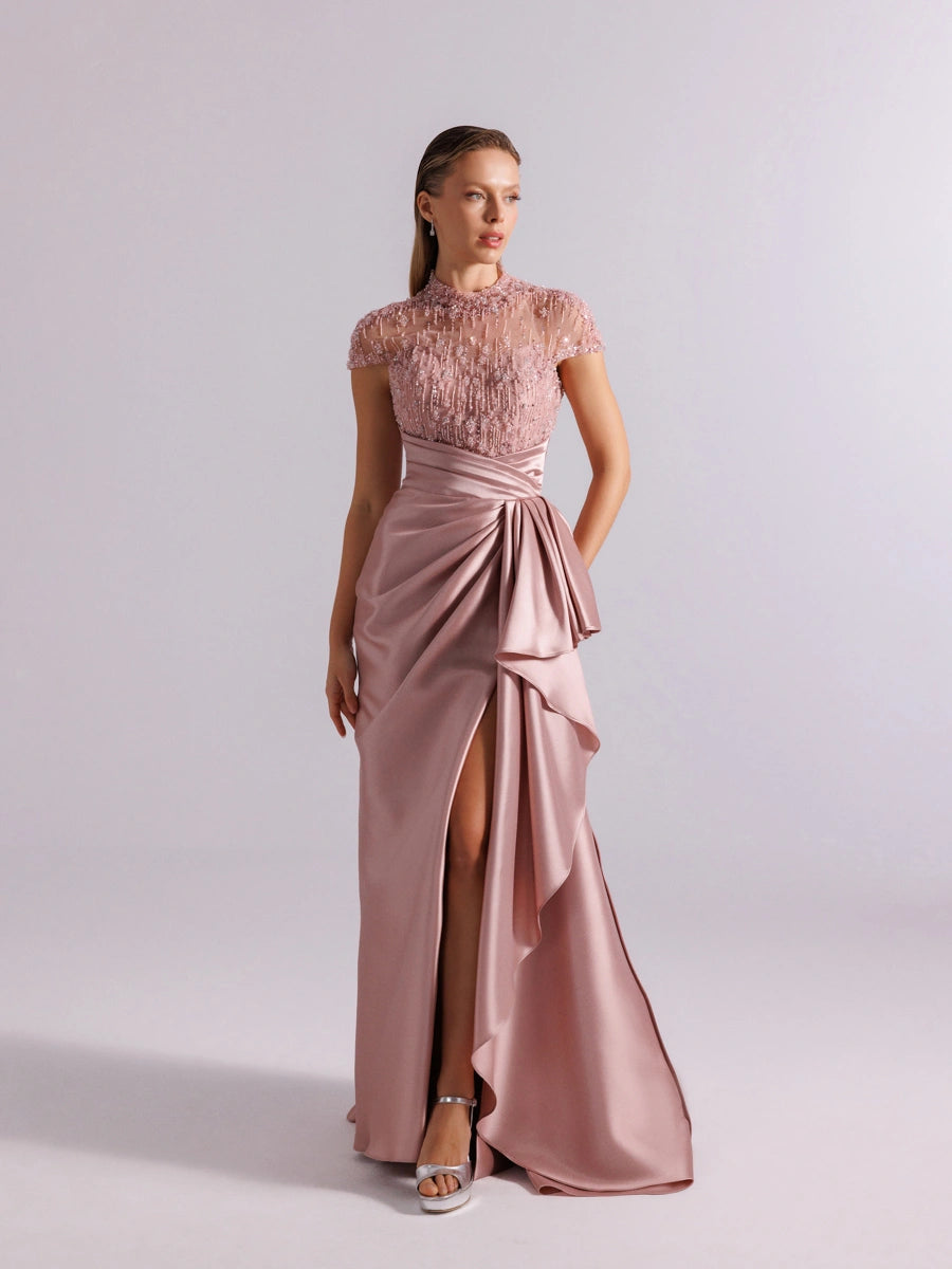 A25094- Üst kısım Taş İşlemeli Yırtmaçlı Uzun Abiye Elbise