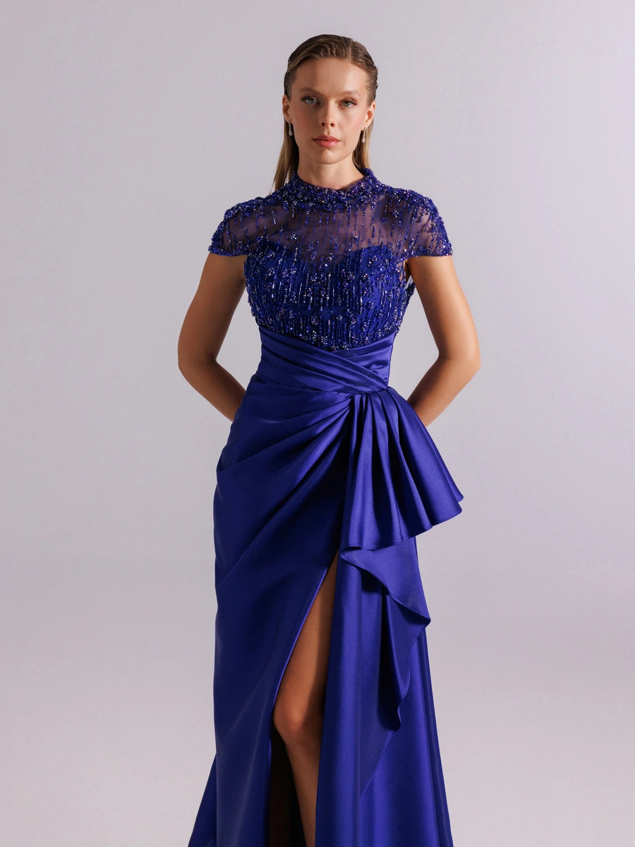 A25094- Üst kısım Taş İşlemeli Yırtmaçlı Uzun Abiye Elbise