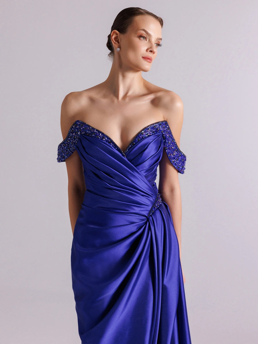 A25095-Kolları İşlemeli Yırtmaçlı Drapeli Balık Abiye Elbise