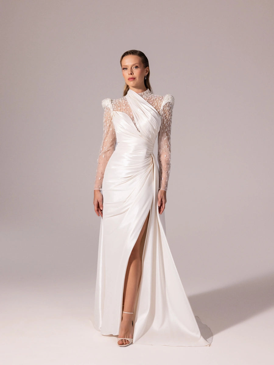 A25096-Kolları İşlemeli Asimetrik Drapeli Balık Abiye Elbise