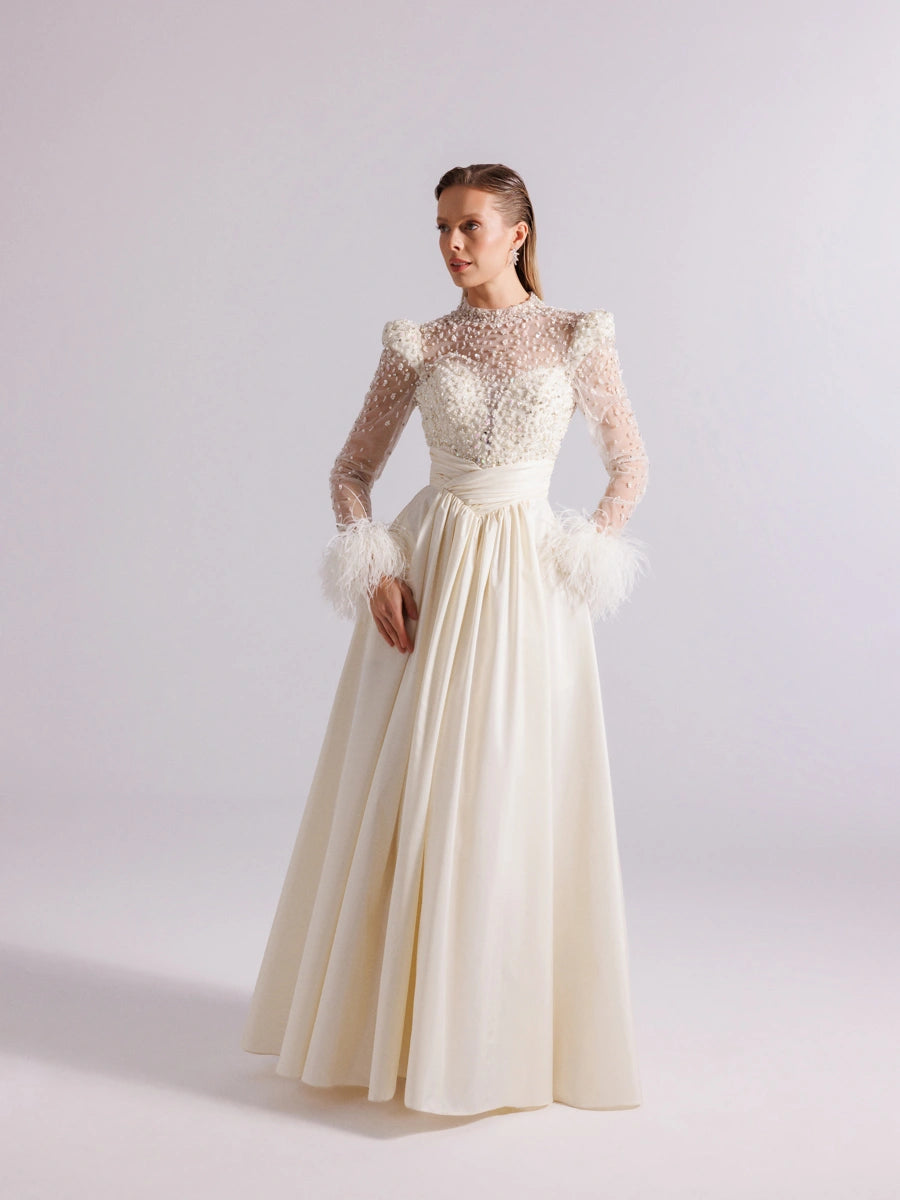 A25100-Hakim Yaka Uzun Kollu Taş İşlemeli Uzun Abiye Elbise