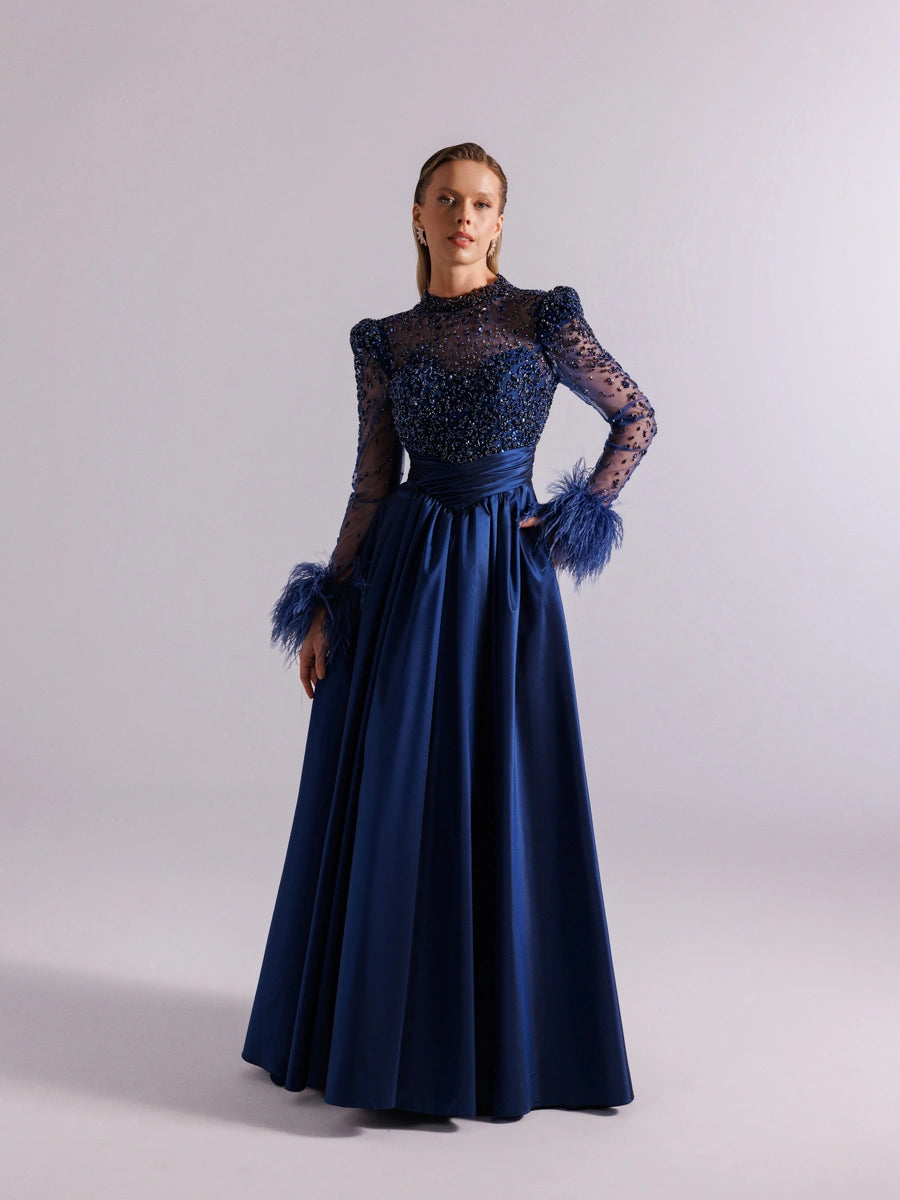 A25100-Hakim Yaka Uzun Kollu Taş İşlemeli Uzun Abiye Elbise