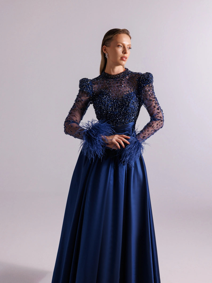 A25100-Hakim Yaka Uzun Kollu Taş İşlemeli Uzun Abiye Elbise