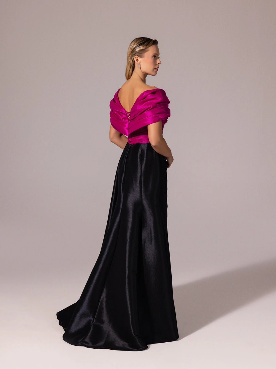 A25104-Kolları Şal Görünümlü Yırtmaçlı Balık Abiye Elbise