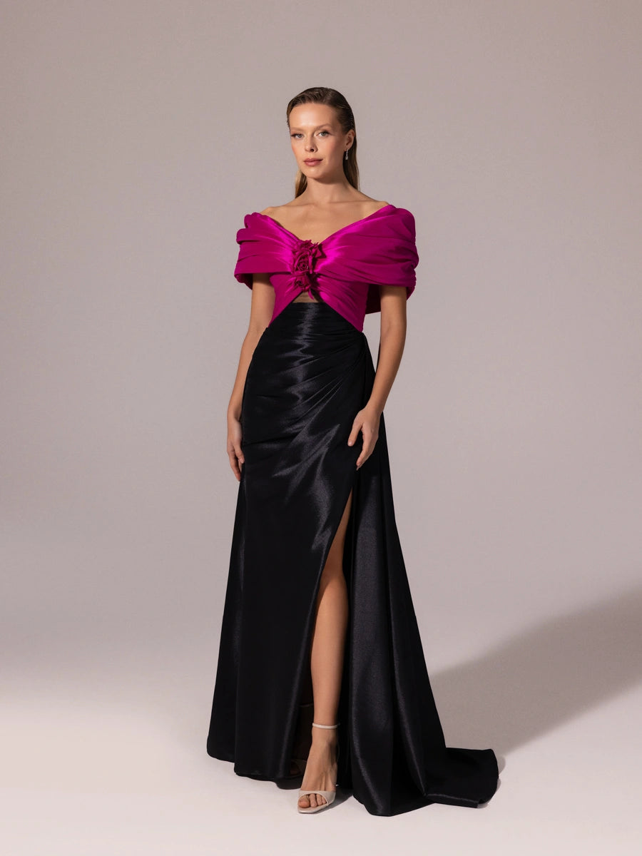 A25104-Kolları Şal Görünümlü Yırtmaçlı Balık Abiye Elbise