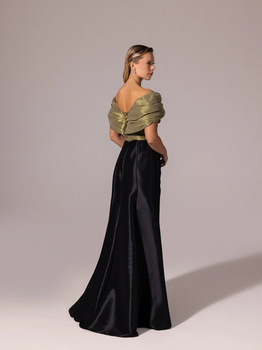 A25104-Kolları Şal Görünümlü Yırtmaçlı Balık Abiye Elbise