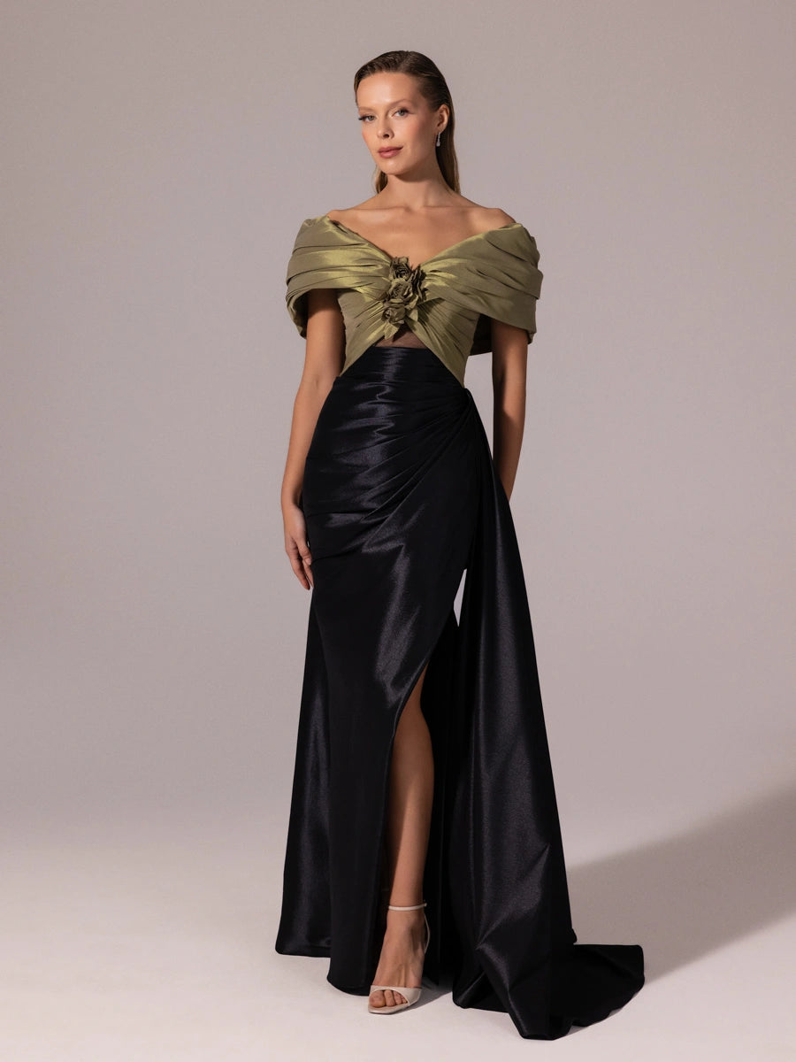 A25104-Kolları Şal Görünümlü Yırtmaçlı Balık Abiye Elbise