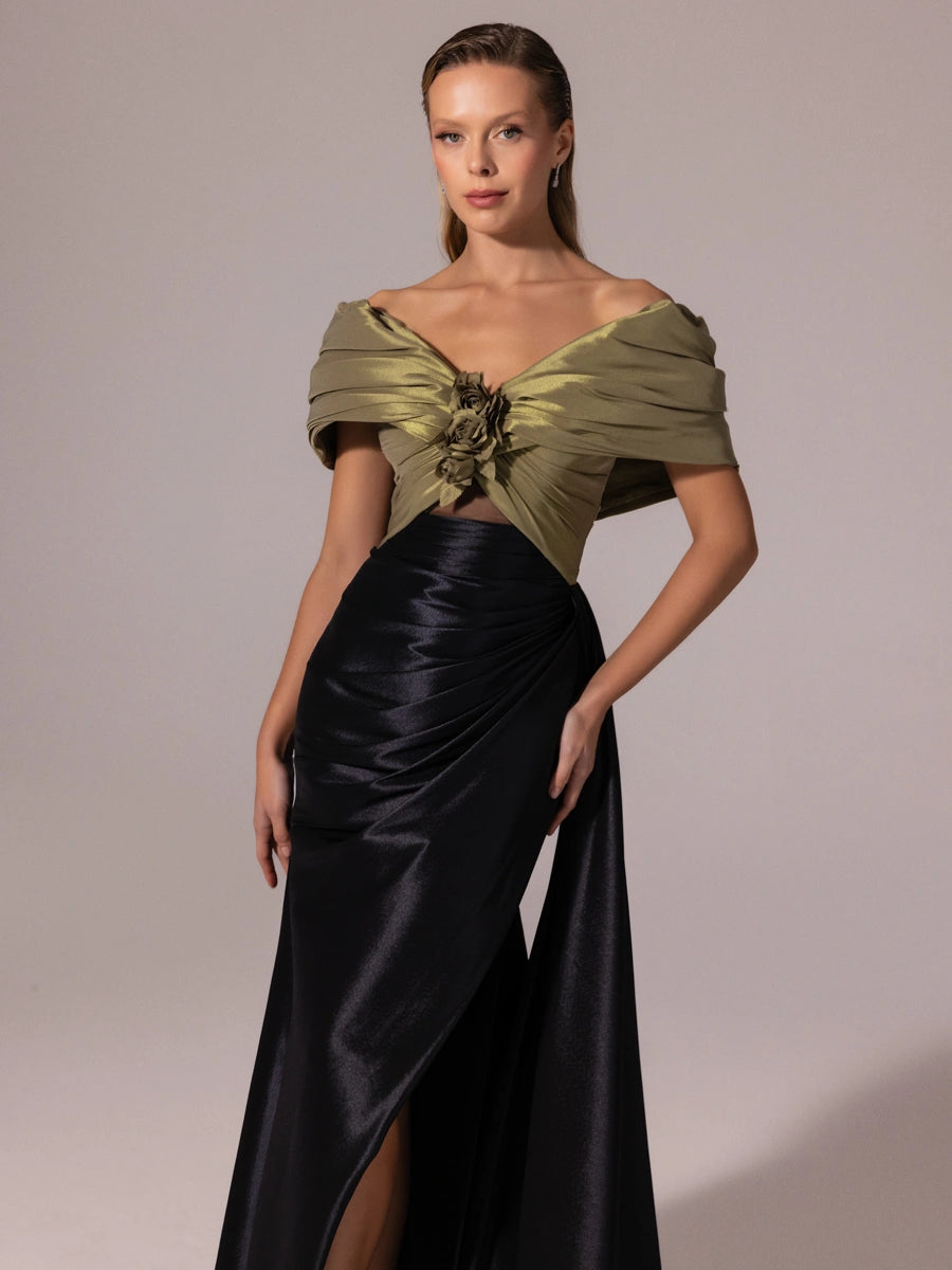 A25104-Kolları Şal Görünümlü Yırtmaçlı Balık Abiye Elbise