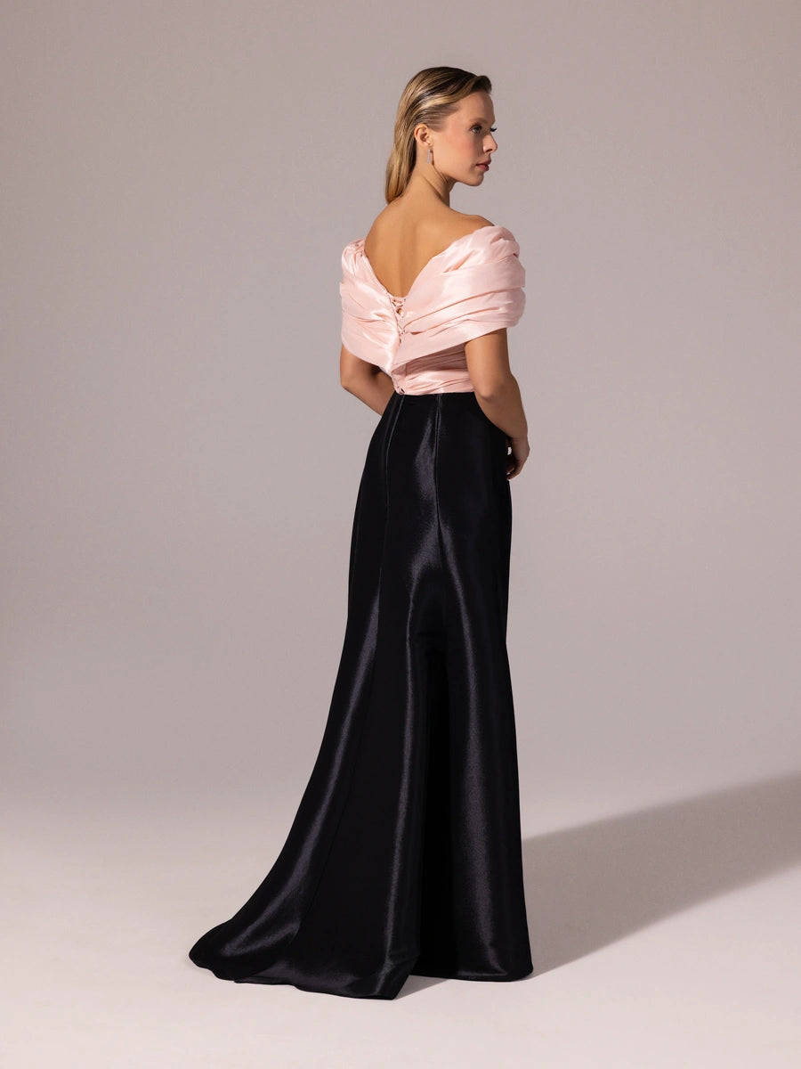 A25104-Kolları Şal Görünümlü Yırtmaçlı Balık Abiye Elbise