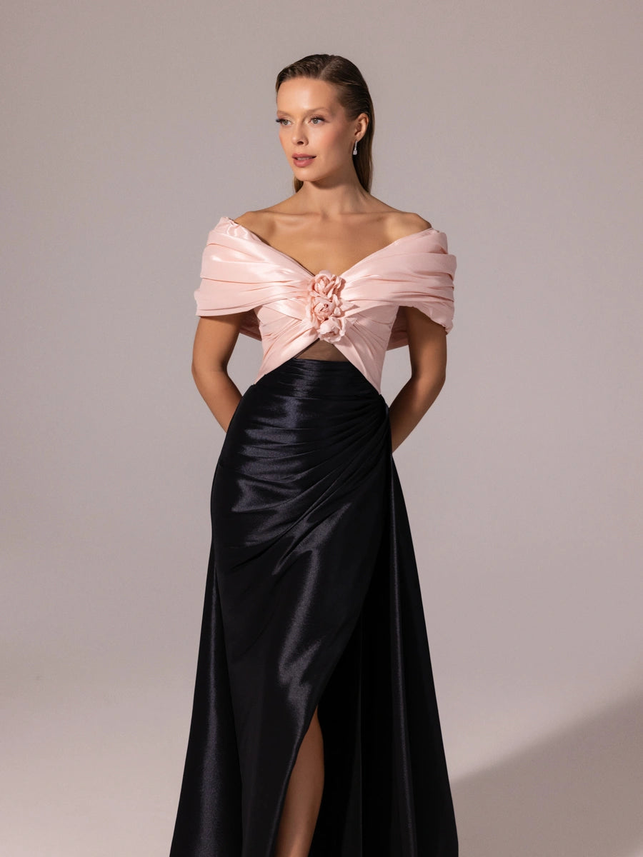 A25104-Kolları Şal Görünümlü Yırtmaçlı Balık Abiye Elbise