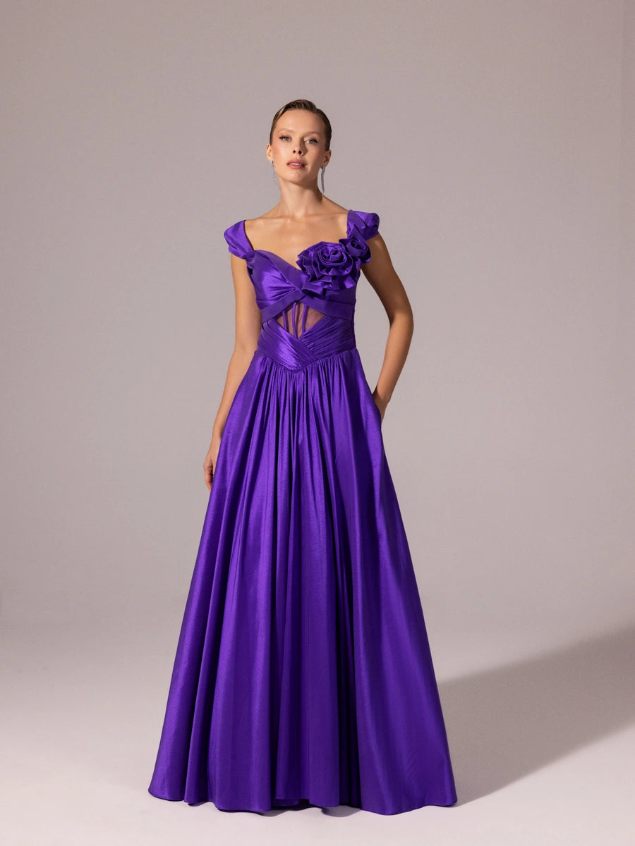 A25110-Vatkalı Kısa Kollu Gül Detaylı Kabarık Abiye Elbise