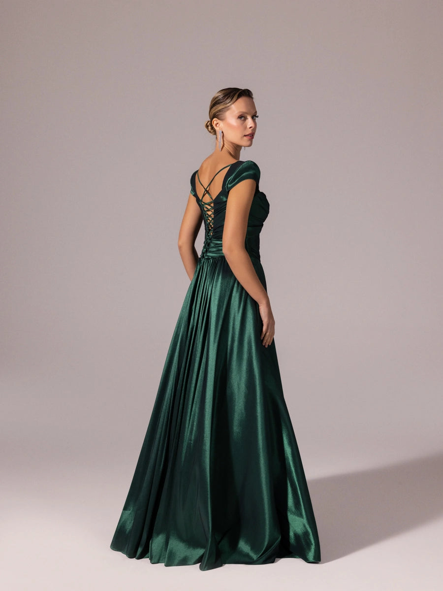 A25110-Vatkalı Kısa Kollu Gül Detaylı Kabarık Abiye Elbise