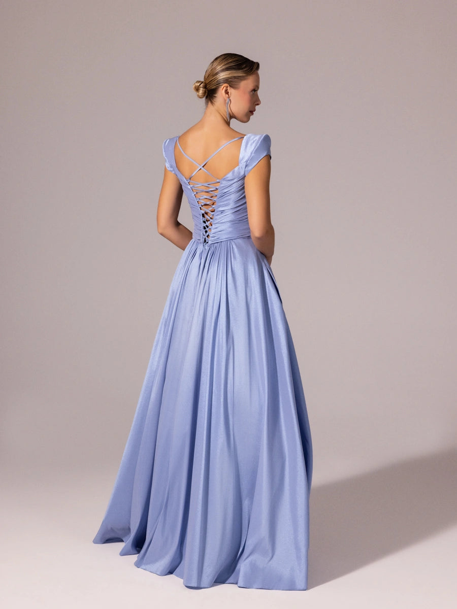 A25110-Vatkalı Kısa Kollu Gül Detaylı Kabarık Abiye Elbise