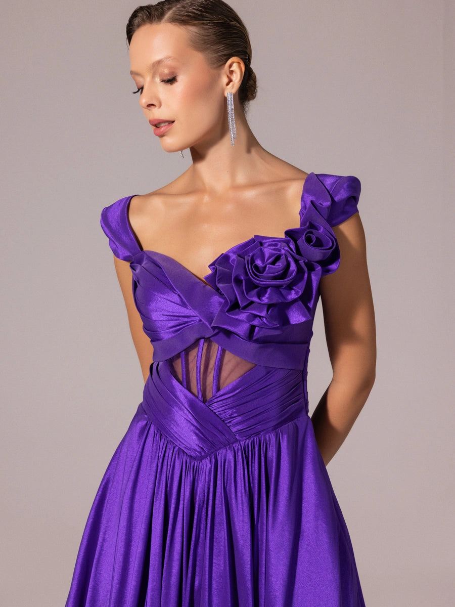 A25110-Vatkalı Kısa Kollu Gül Detaylı Kabarık Abiye Elbise