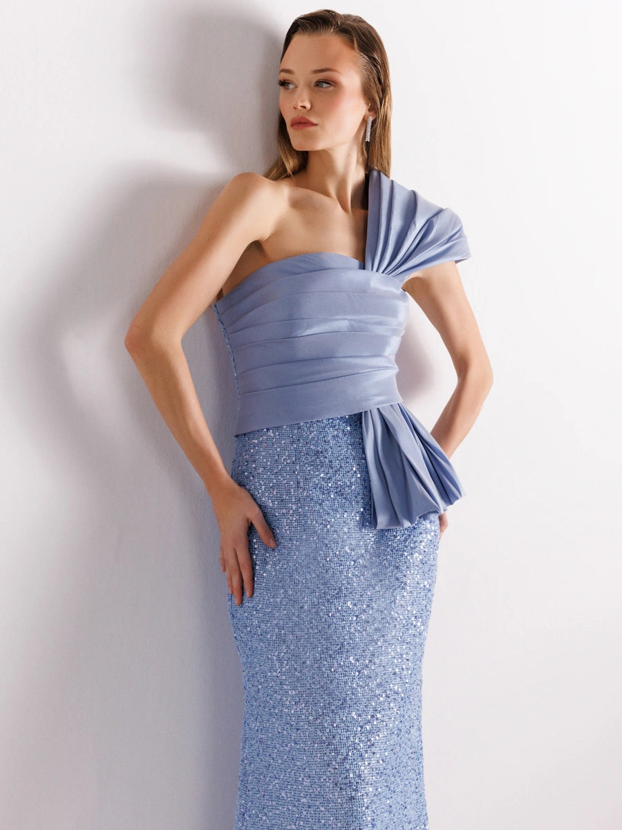 A25111-Tek Omuz Drapeli Payetli Balık Abiye Elbise
