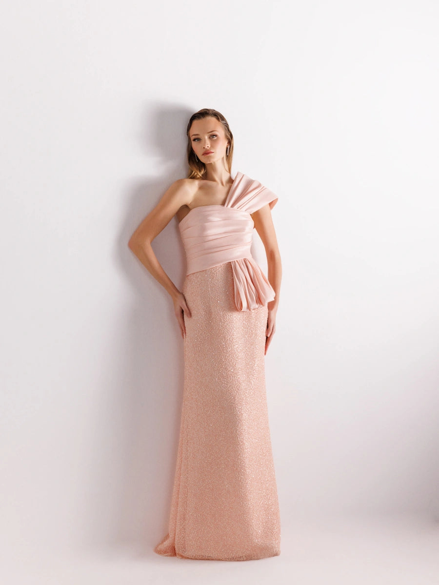 A25111-Tek Omuz Drapeli Payetli Balık Abiye Elbise