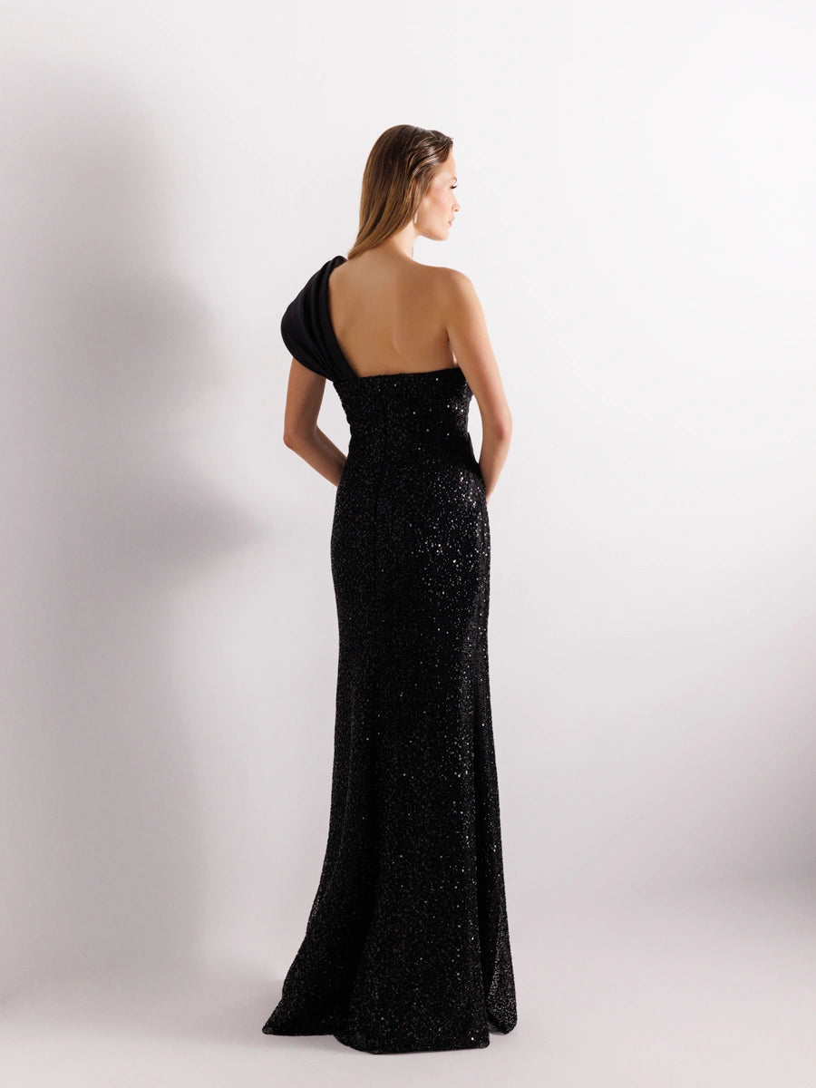 A25111-Tek Omuz Drapeli Payetli Balık Abiye Elbise