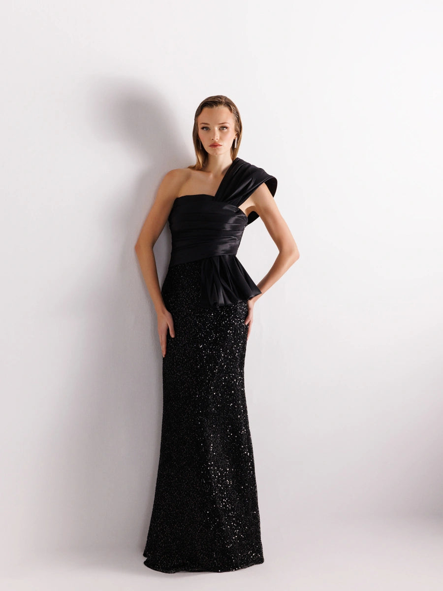 A25111-Tek Omuz Drapeli Payetli Balık Abiye Elbise