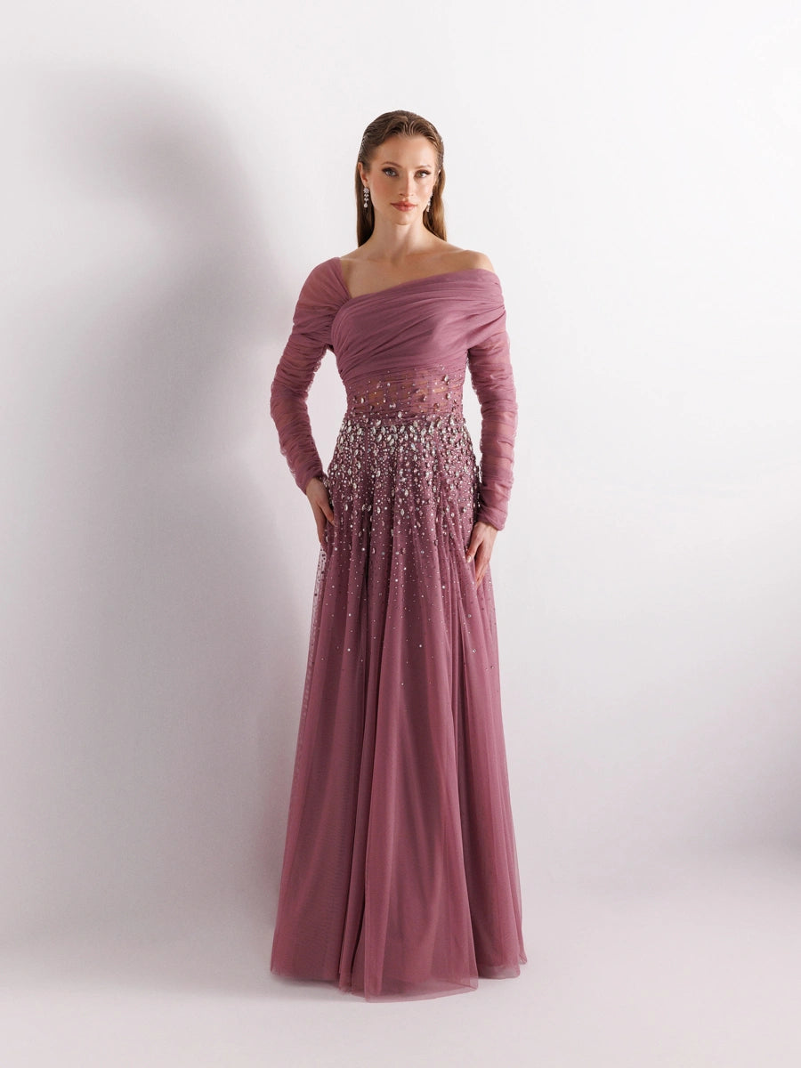 Gül Kurusu Rengi Straplez Uzun Kollu Full beden İşlemeli Prenses Abiye Elbise 2