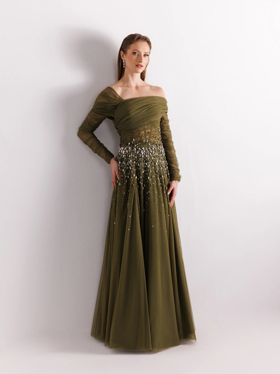 Haki renk Straplez Uzun Kollu Full beden İşlemeli Prenses Abiye Elbise 2