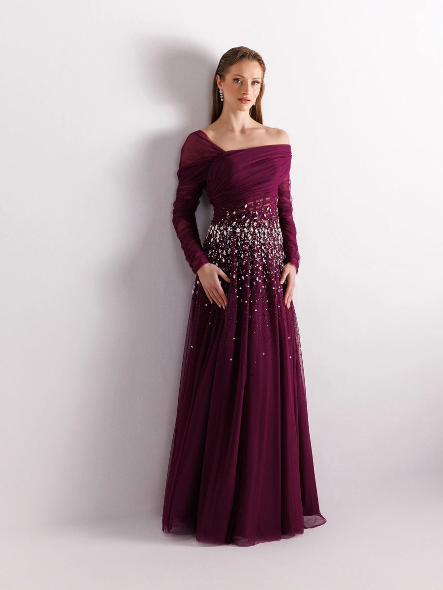 Mor renk Straplez Uzun Kollu Full beden İşlemeli Prenses Abiye Elbise 2